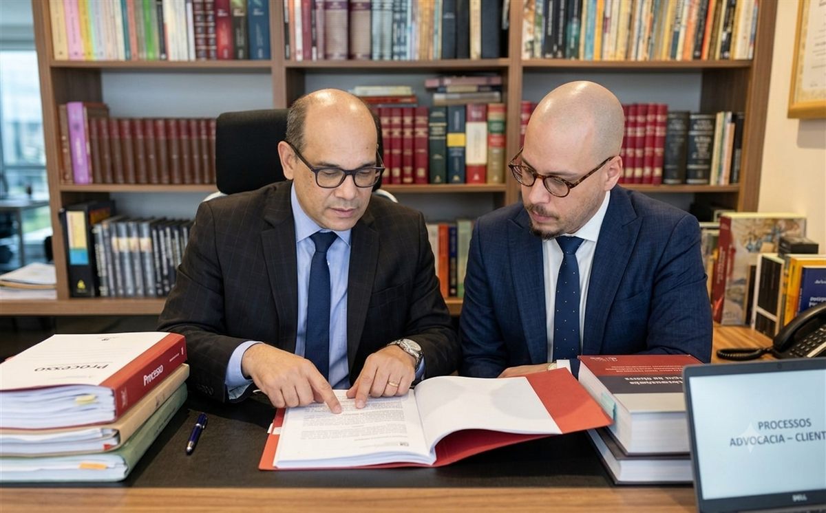 Dr. Gilberto Belafonte Barros e Dr. Luann Dias de Souza analisando documentos de um processo